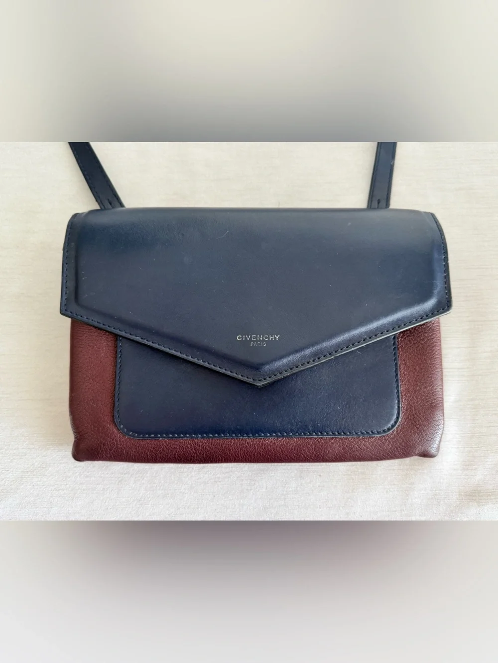 Givenchy Calfskin Duetto Navy and Burgundy Leather Crossbody Purse